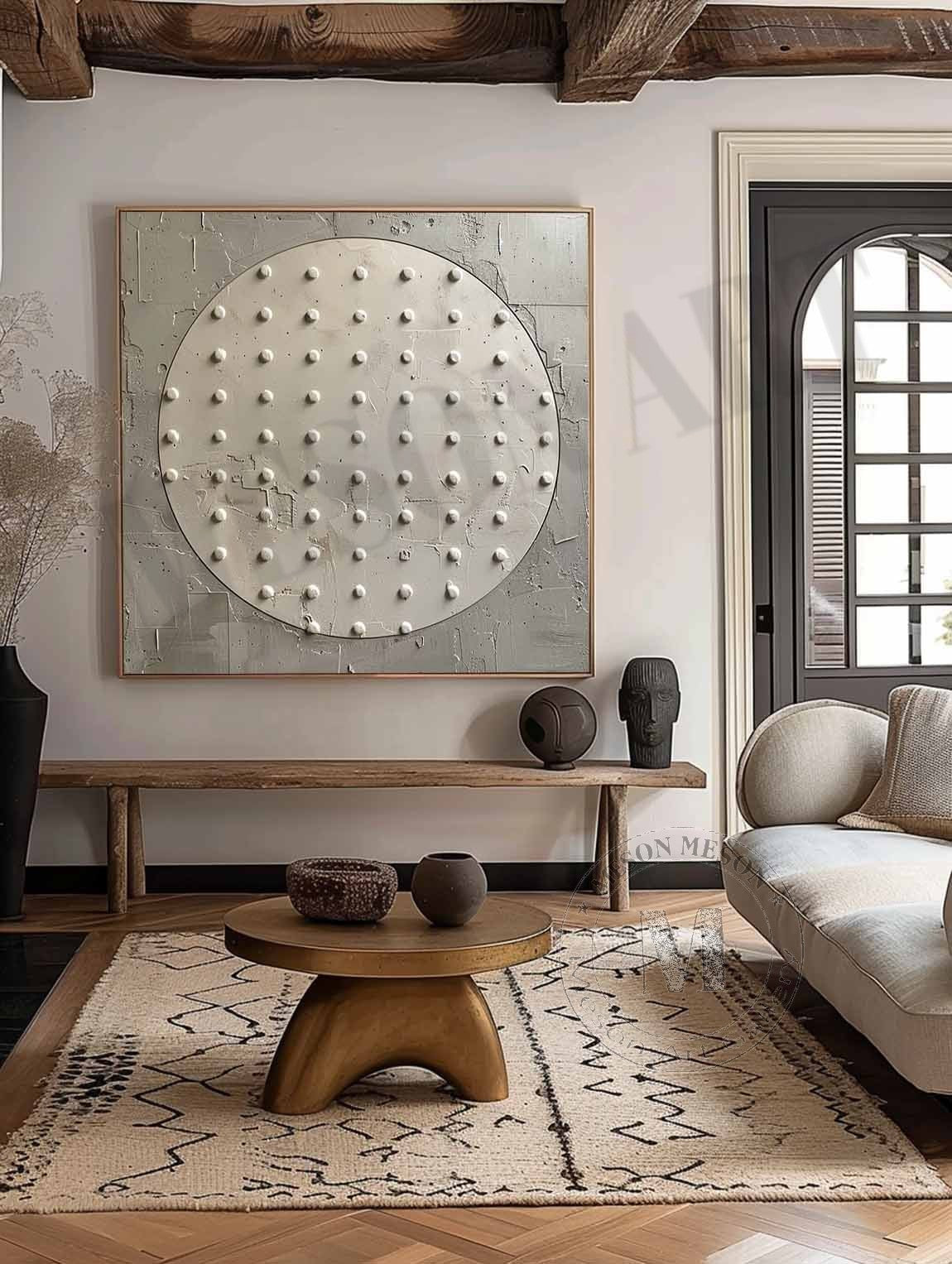 Wabi Sabi Neutral Circle Textured Wall Art, Minimal Abstract Square Canvas for Living Room