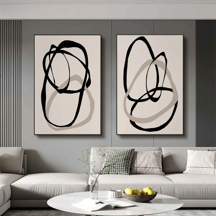 Eternal Flow Black Line Abstract Painting Set Set of 2