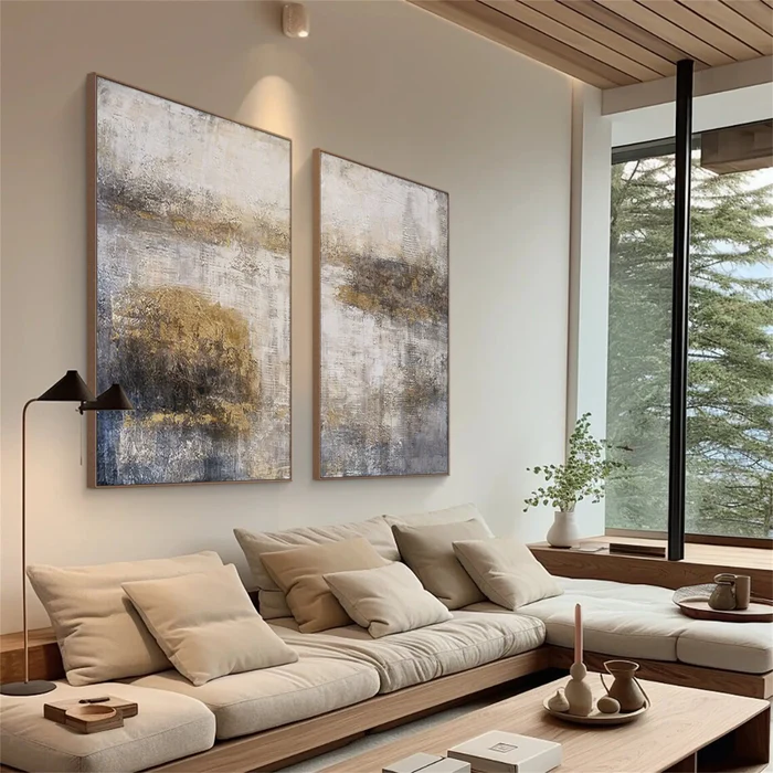 Golden Haze Abstract Landscape Painting Set Set of 2