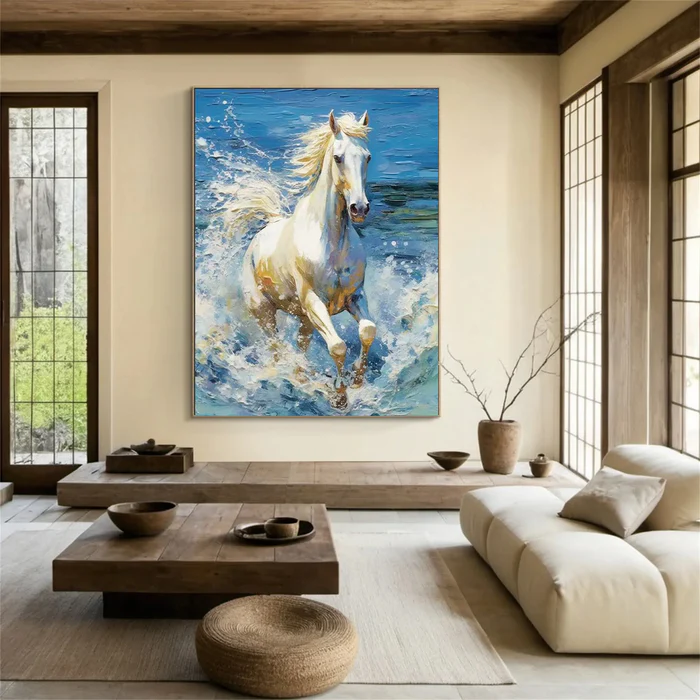 Ocean Charge White Horse Painting