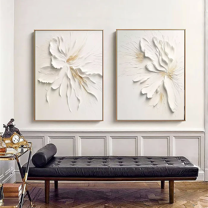 Whisper Bloom White Floral 3D Painting Set Set of 2
