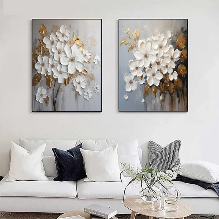 Golden Bloom White Floral Textured Painting Set Set of 2