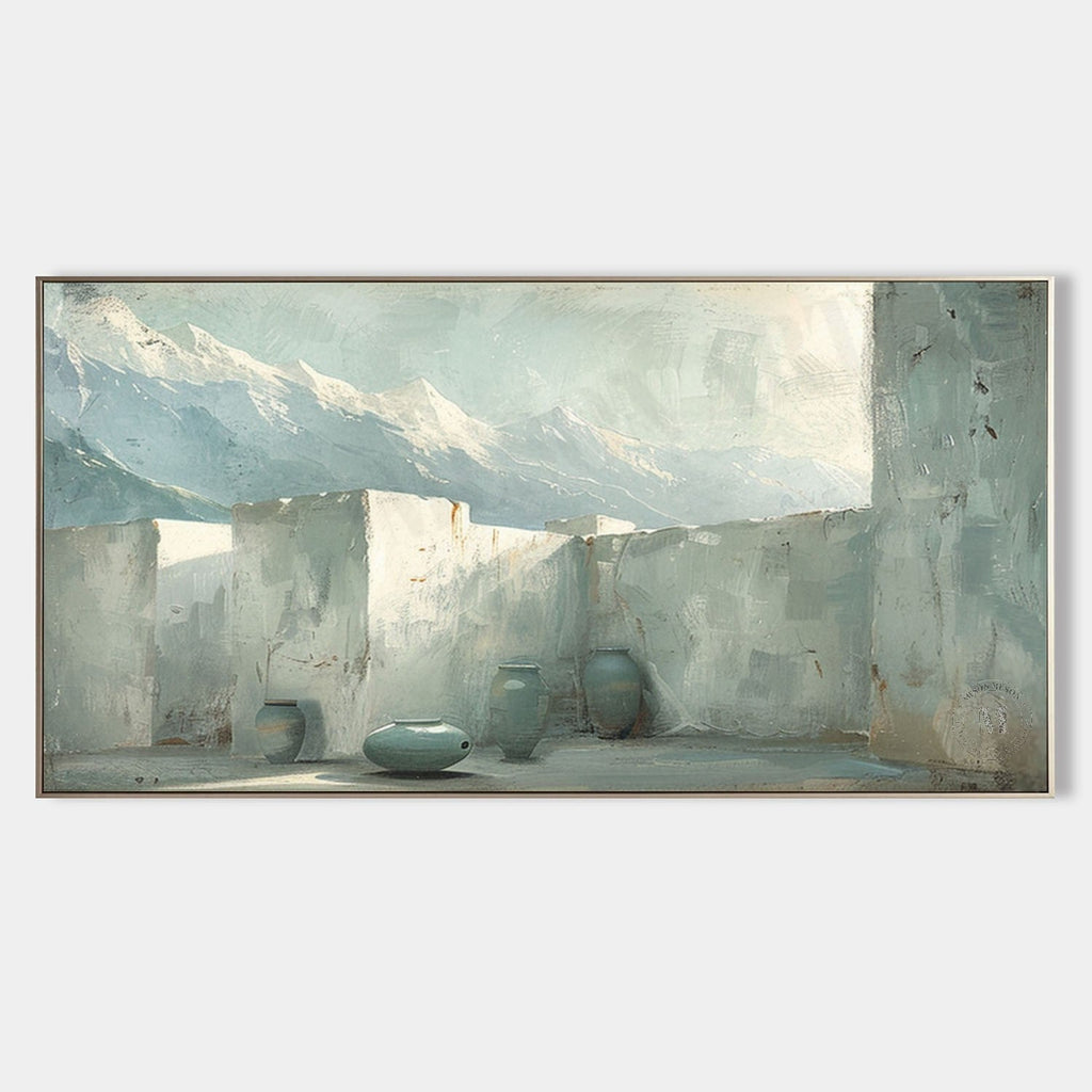 Courtyard Mountain Landscape Wall Art, Blue Neutral Textured Canvas with Pottery