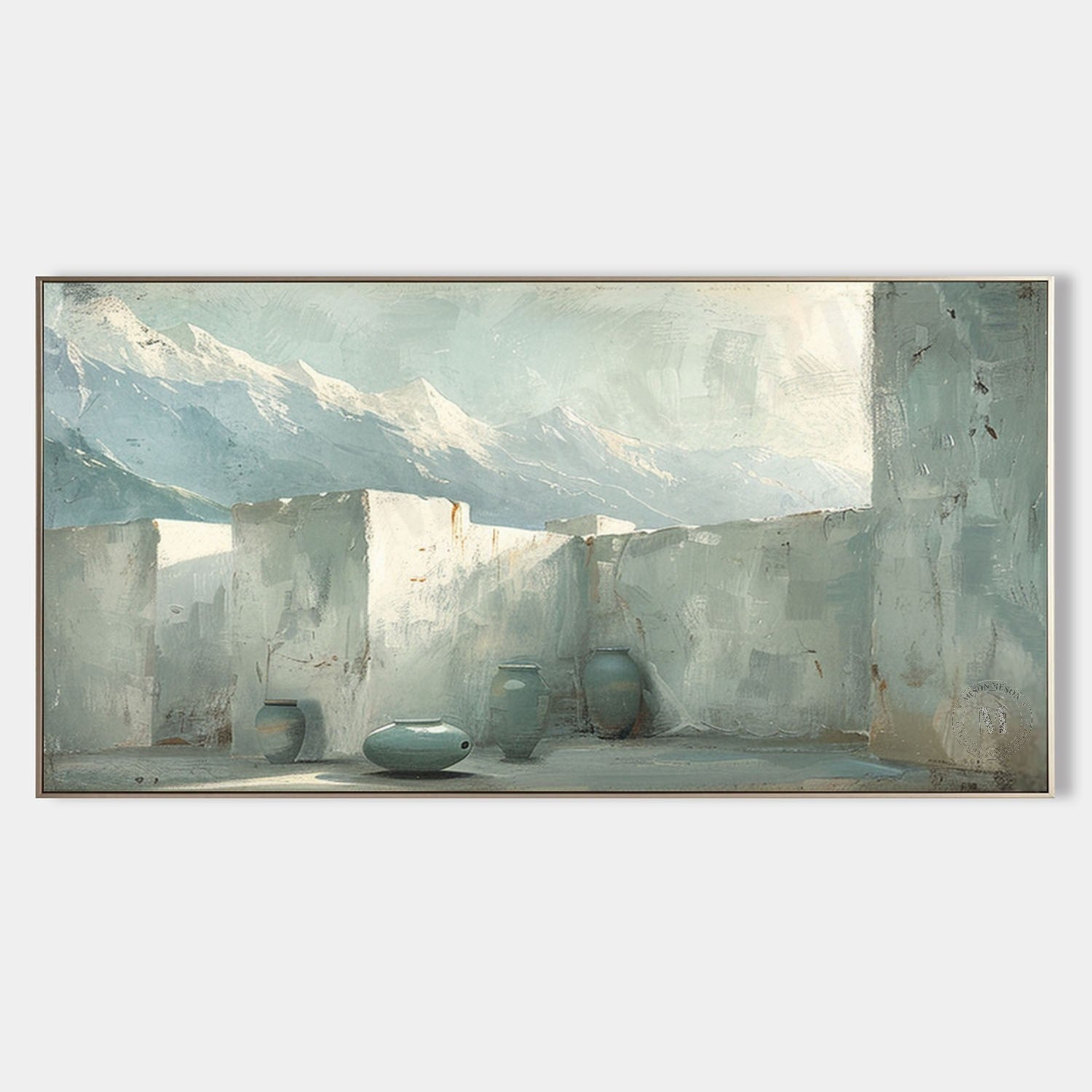 Courtyard Mountain Landscape Wall Art, Blue Neutral Textured Canvas with Pottery