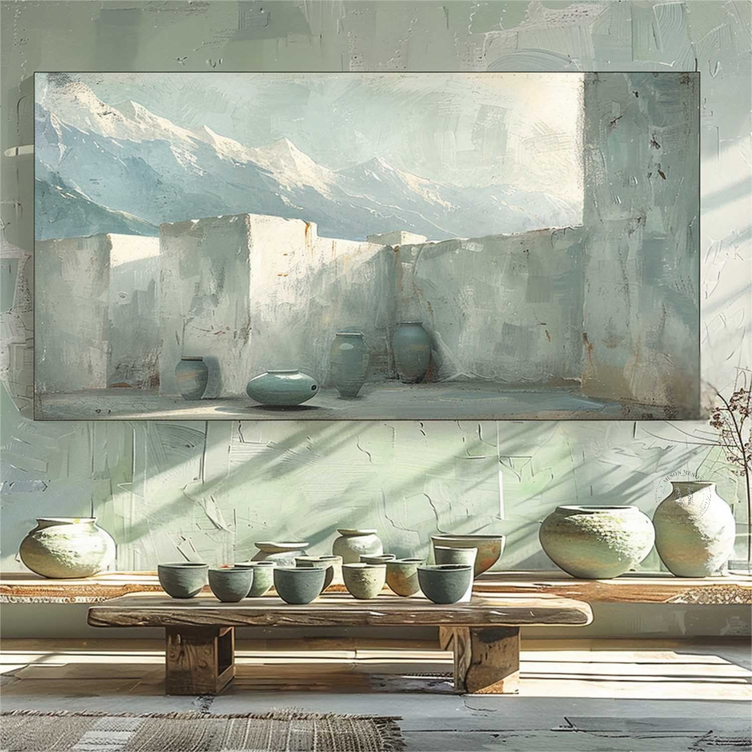 Courtyard Mountain Landscape Wall Art, Blue Neutral Textured Canvas with Pottery