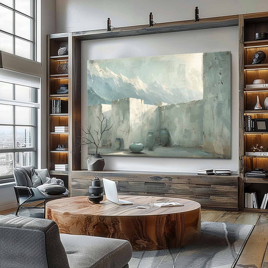 Courtyard Mountain Landscape Wall Art, Blue Neutral Textured Canvas with Pottery