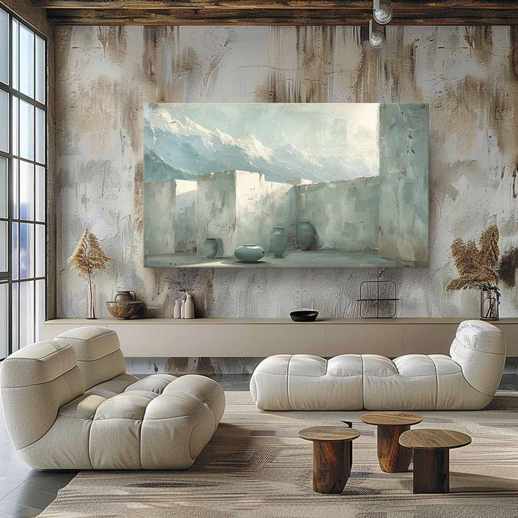 Courtyard Mountain Landscape Wall Art, Blue Neutral Textured Canvas with Pottery