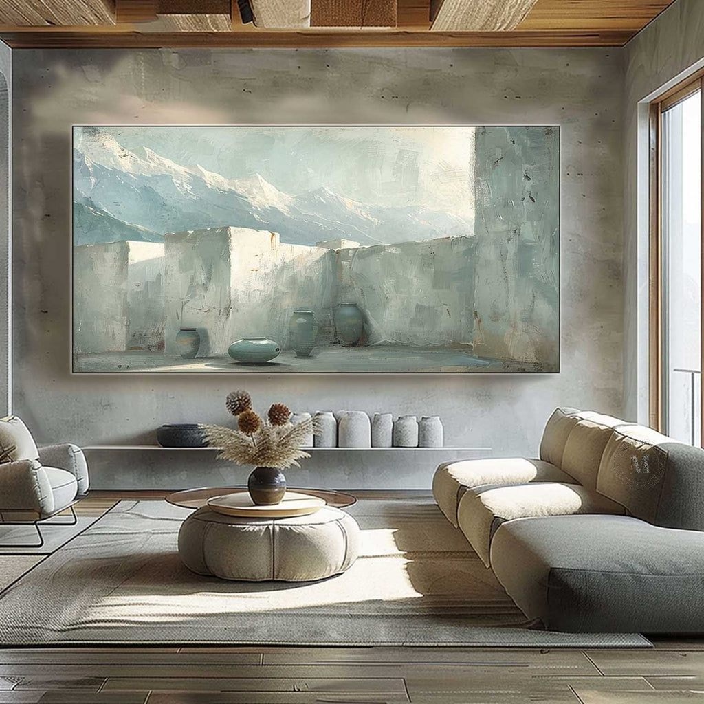 Courtyard Mountain Landscape Wall Art, Blue Neutral Textured Canvas with Pottery