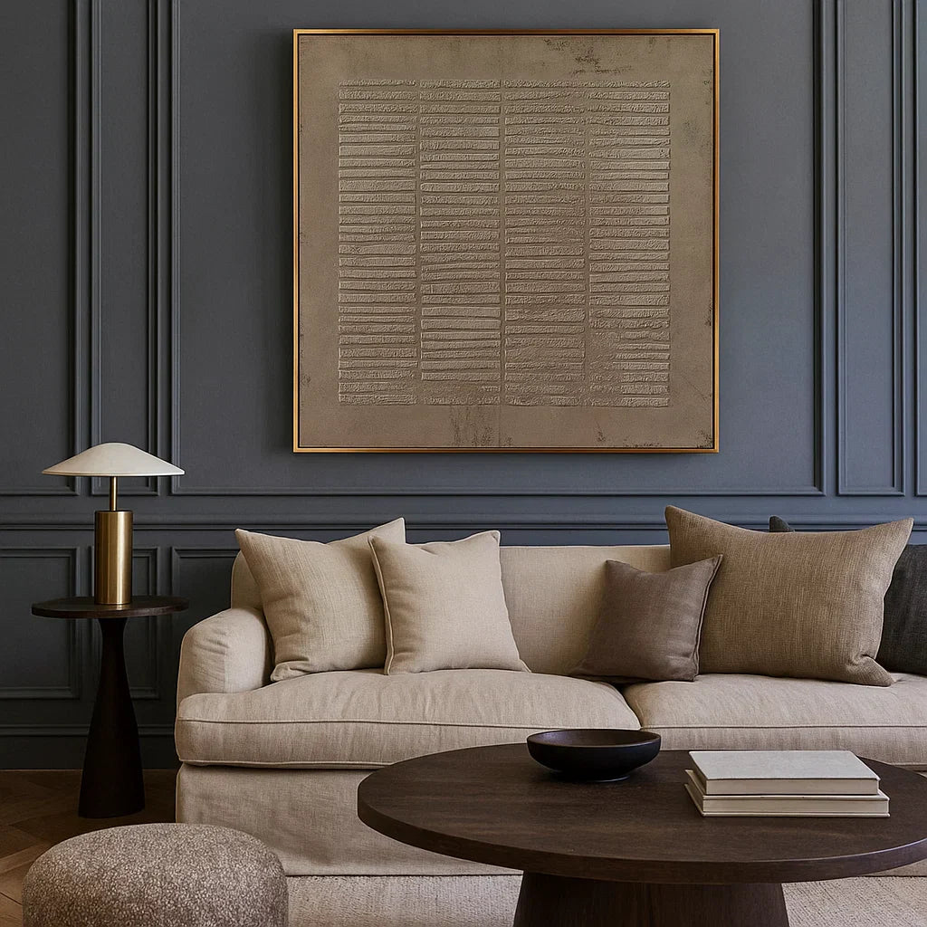 Wabi Sabi Neutral Grid Textured Wall Art, Minimal Abstract Square Canvas for Living Room