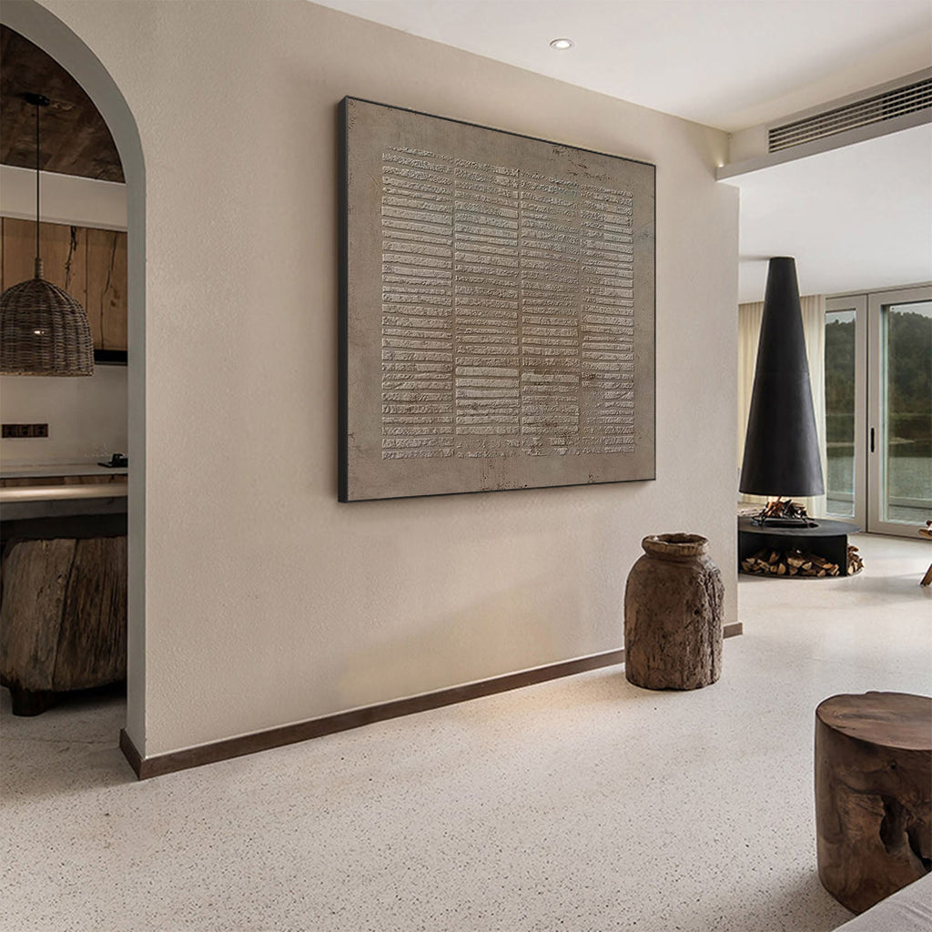 Wabi Sabi Neutral Grid Textured Wall Art, Minimal Abstract Square Canvas for Living Room