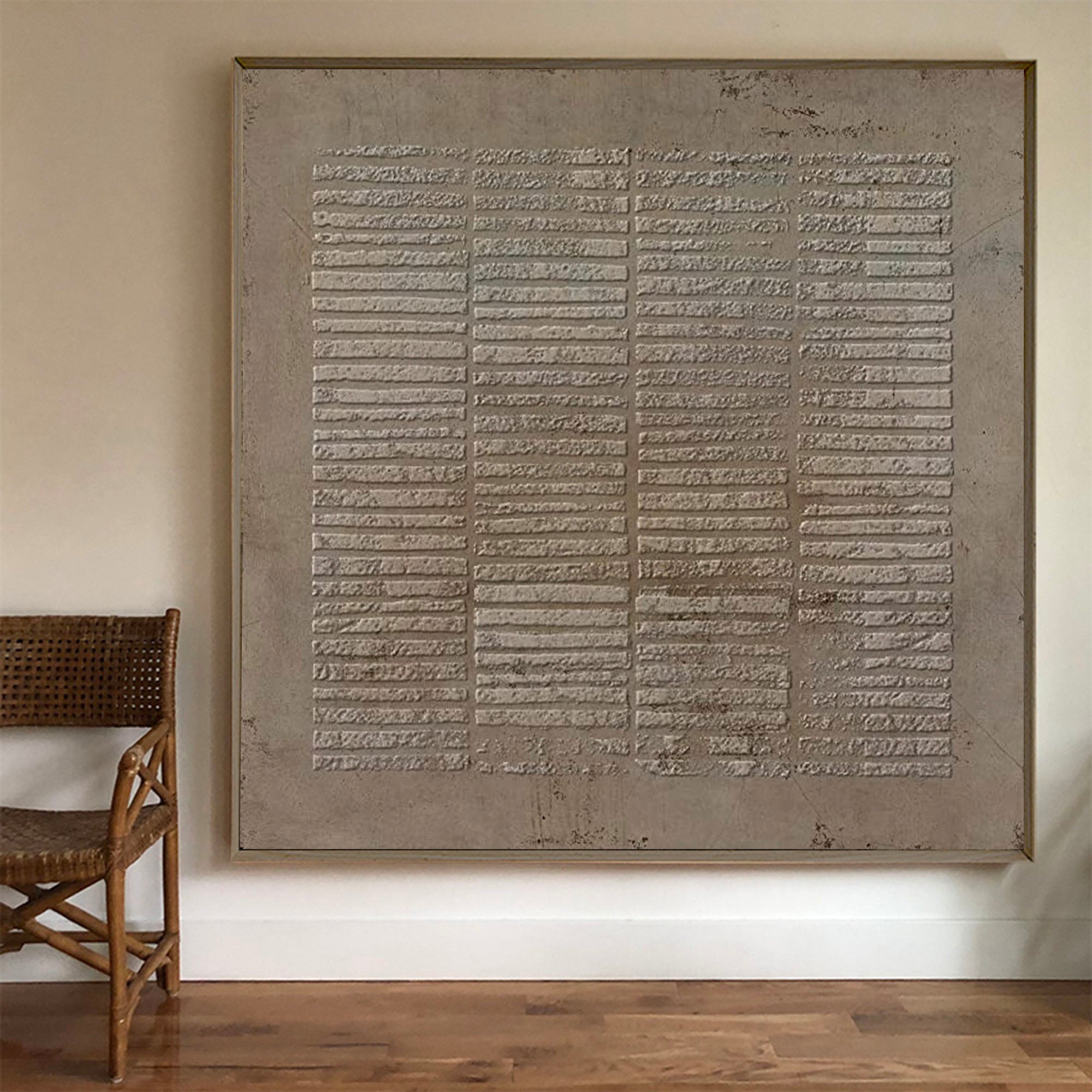 Wabi Sabi Neutral Grid Textured Wall Art, Minimal Abstract Square Canvas for Living Room