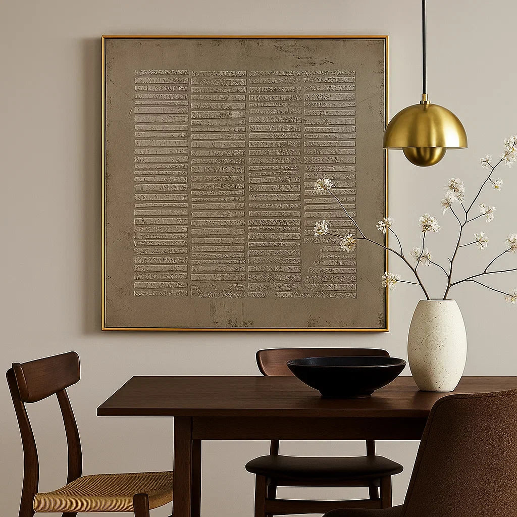 Wabi Sabi Neutral Grid Textured Wall Art, Minimal Abstract Square Canvas for Living Room