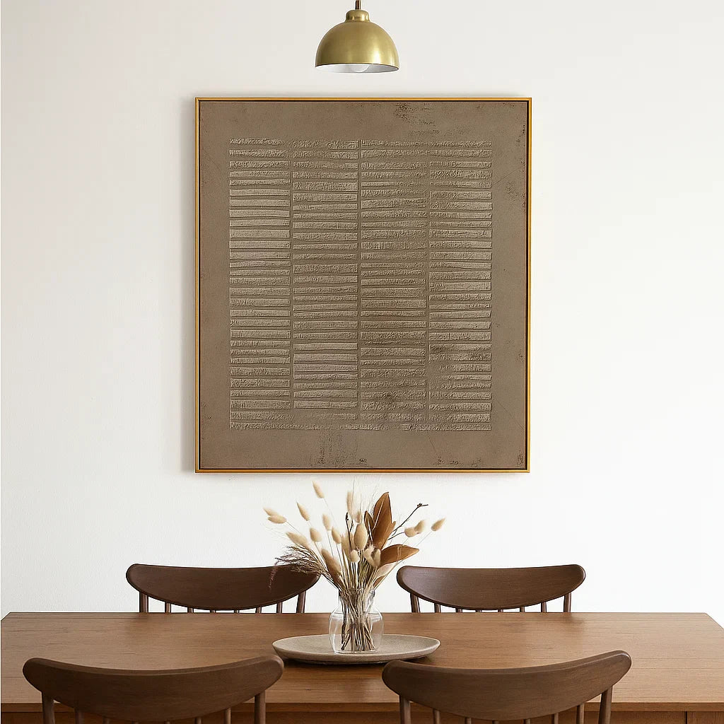 Wabi Sabi Neutral Grid Textured Wall Art, Minimal Abstract Square Canvas for Living Room