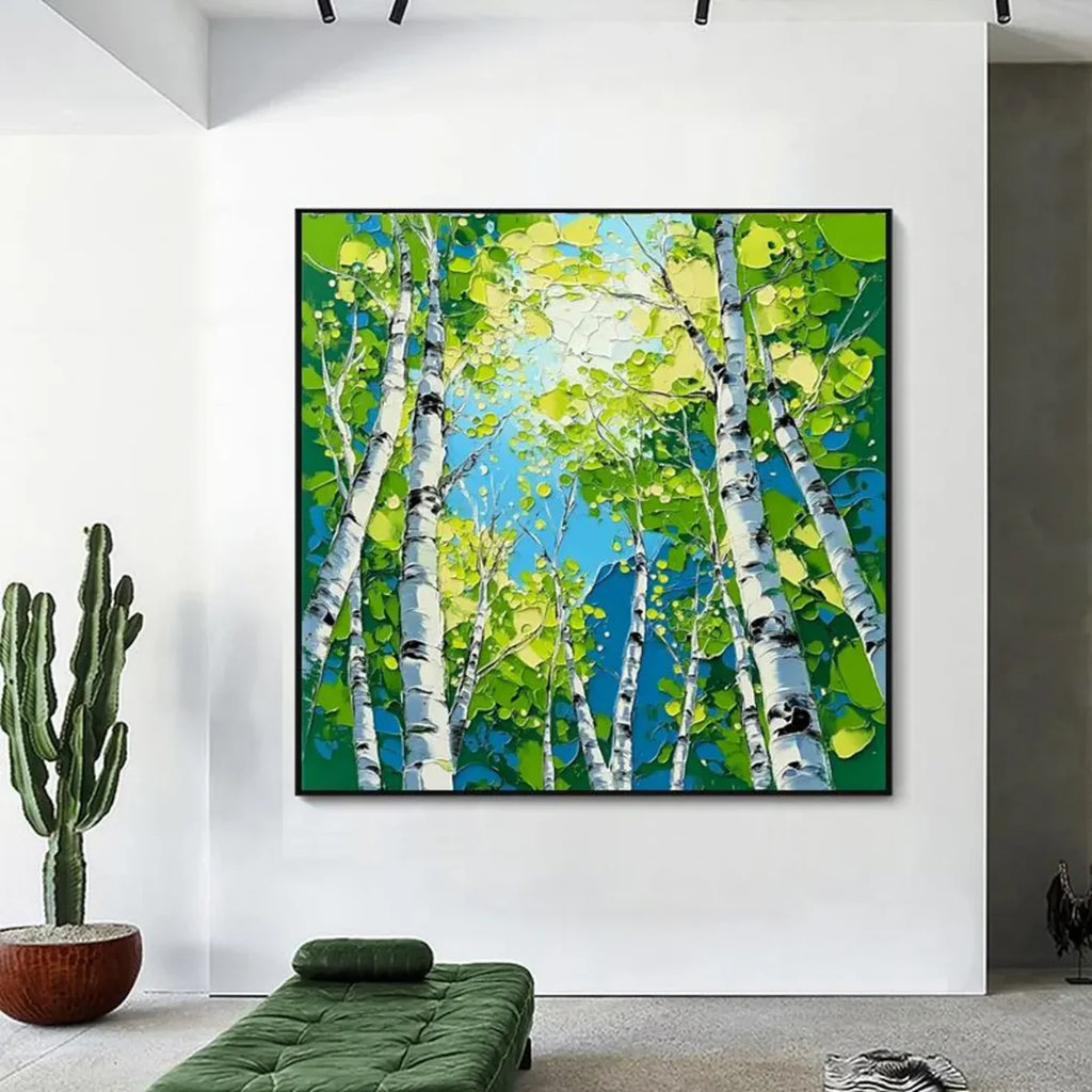 Emerald Sky Birch Forest Abstract Painting