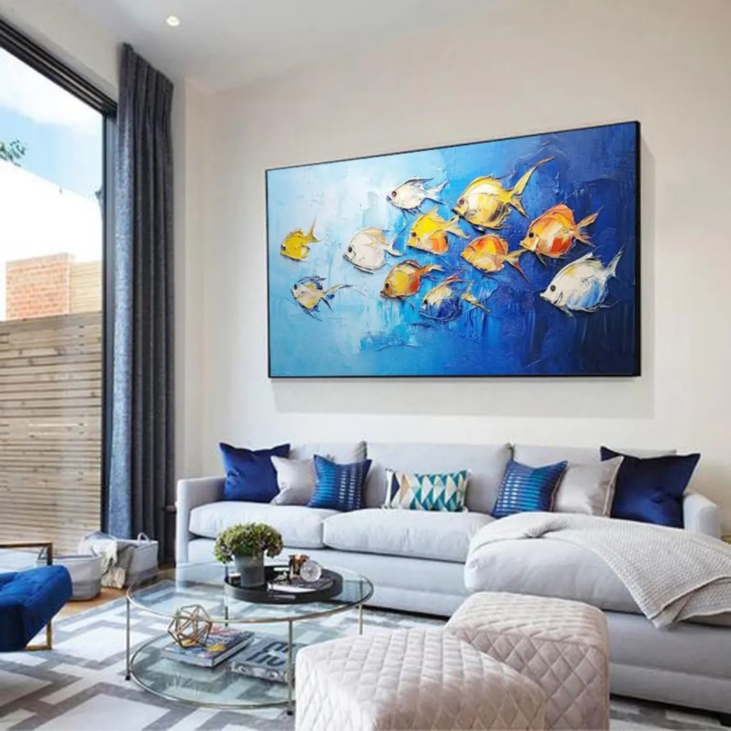 Golden Drift Blue Fish Painting