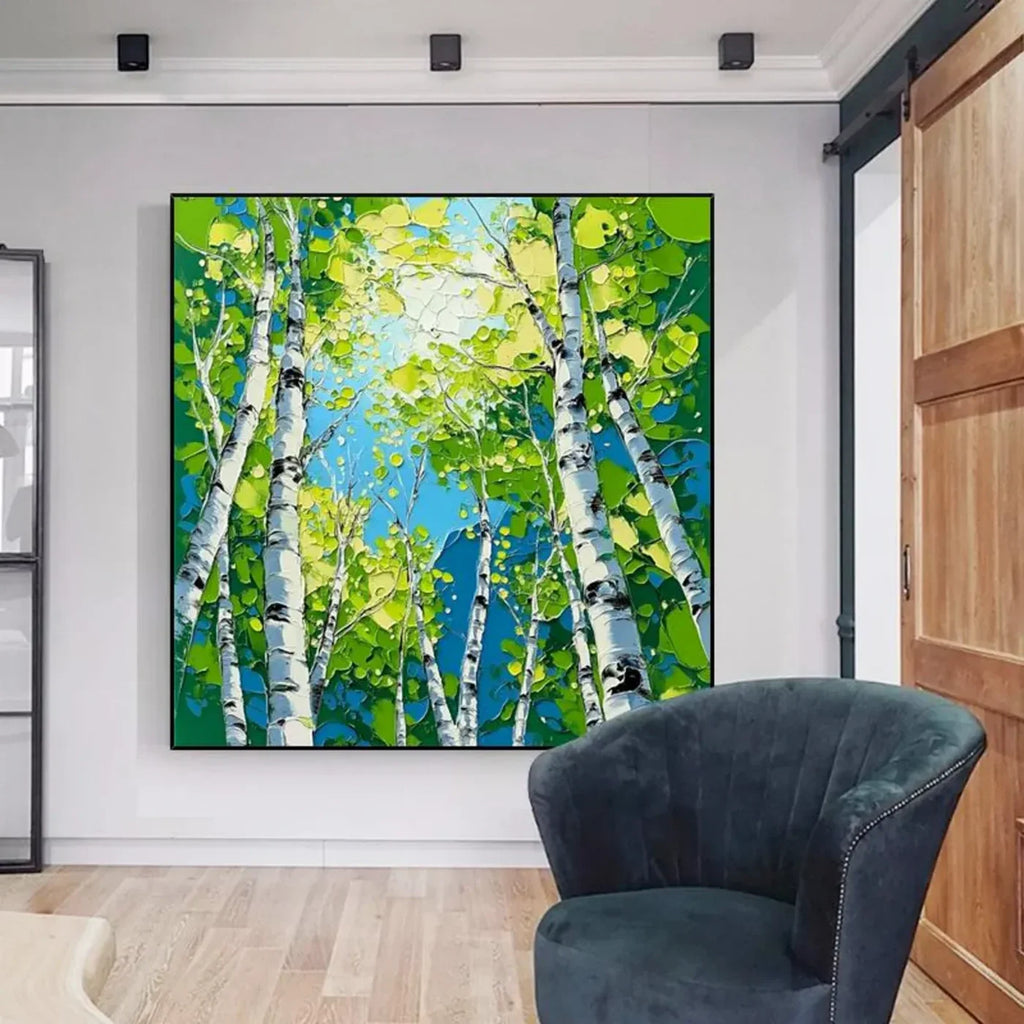 Emerald Sky Birch Forest Abstract Painting