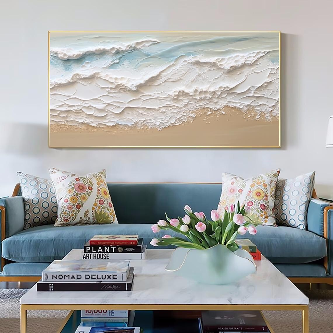 Cream Tide Textured Seascape Painting