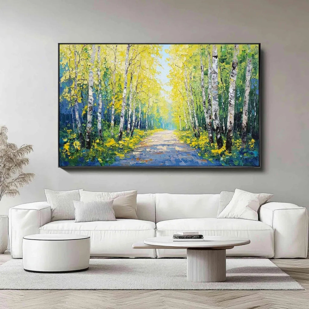 Golden Birch Path Landscape Painting