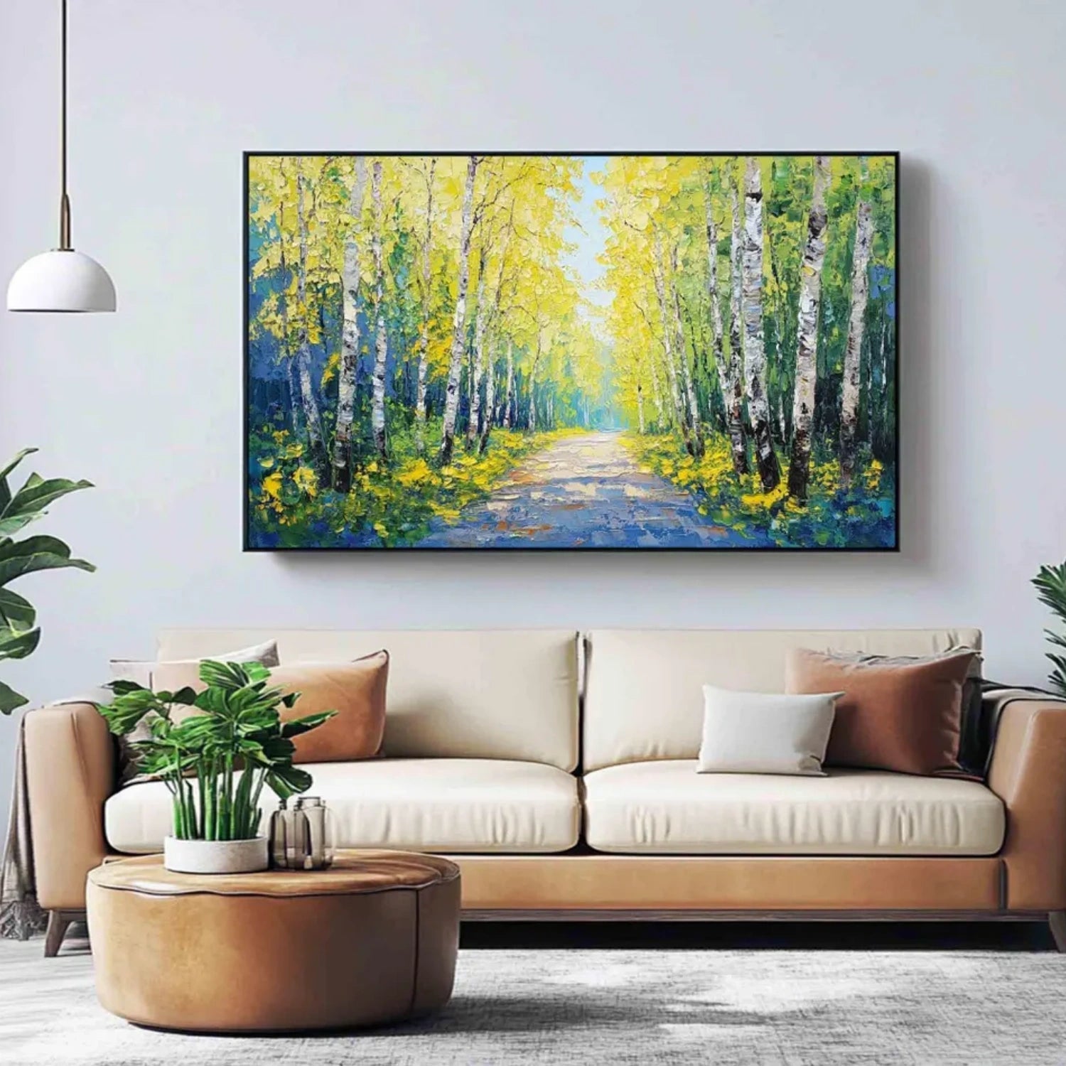 Golden Birch Path Landscape Painting