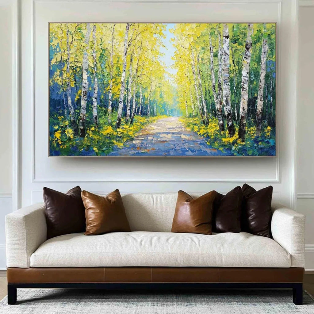 Golden Birch Path Landscape Painting
