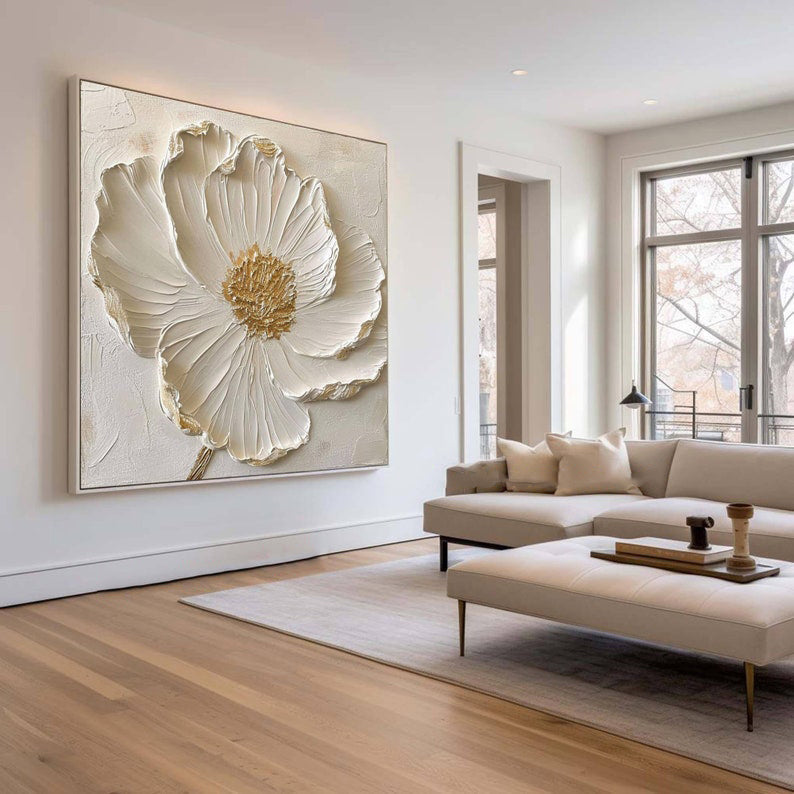 Gilded Bloom: A Textured 3D Flower Wall Art for Bedroom Decor