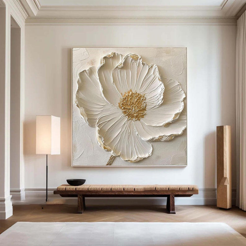 Gilded Bloom: A Textured 3D Flower Wall Art for Bedroom Decor