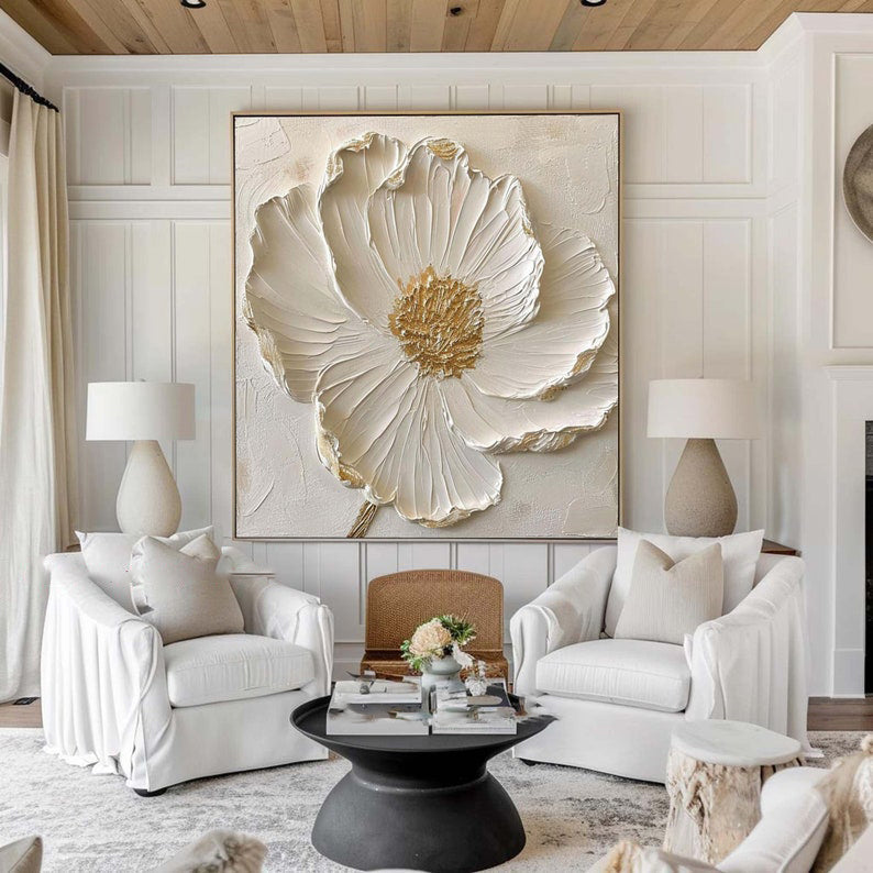 Gilded Bloom: A Textured 3D Flower Wall Art for Bedroom Decor