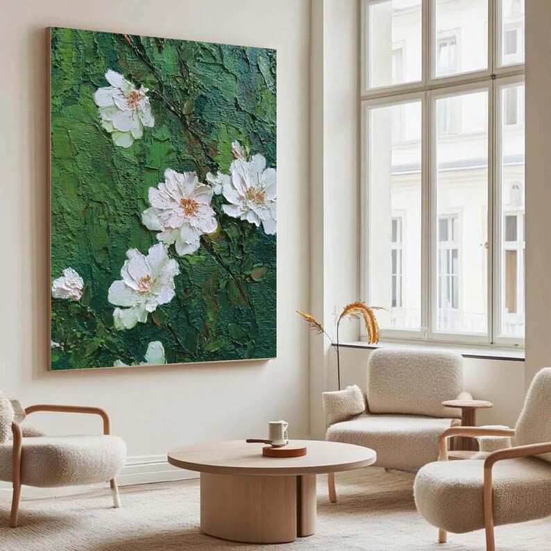 White Blossoms: A Green Textured Wall Art for Living Room Decor