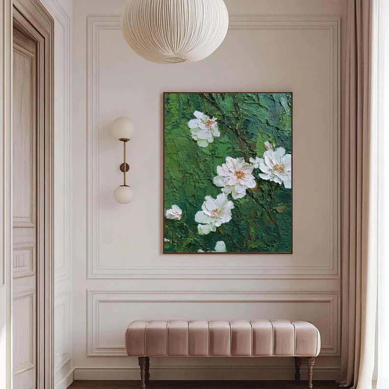 White Blossoms: A Green Textured Wall Art for Living Room Decor