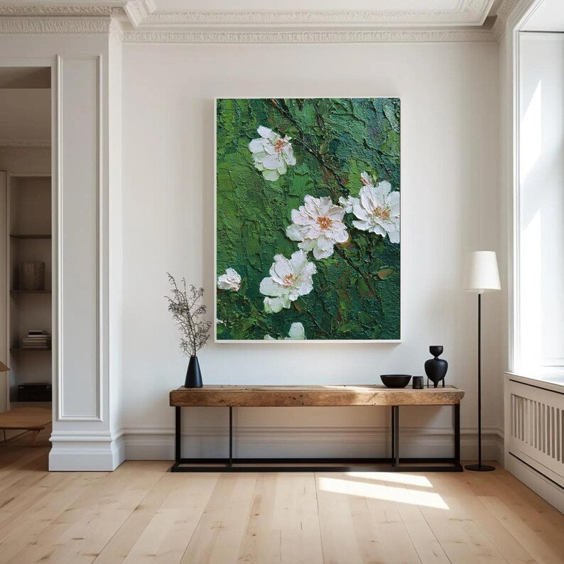 White Blossoms: A Green Textured Wall Art for Living Room Decor