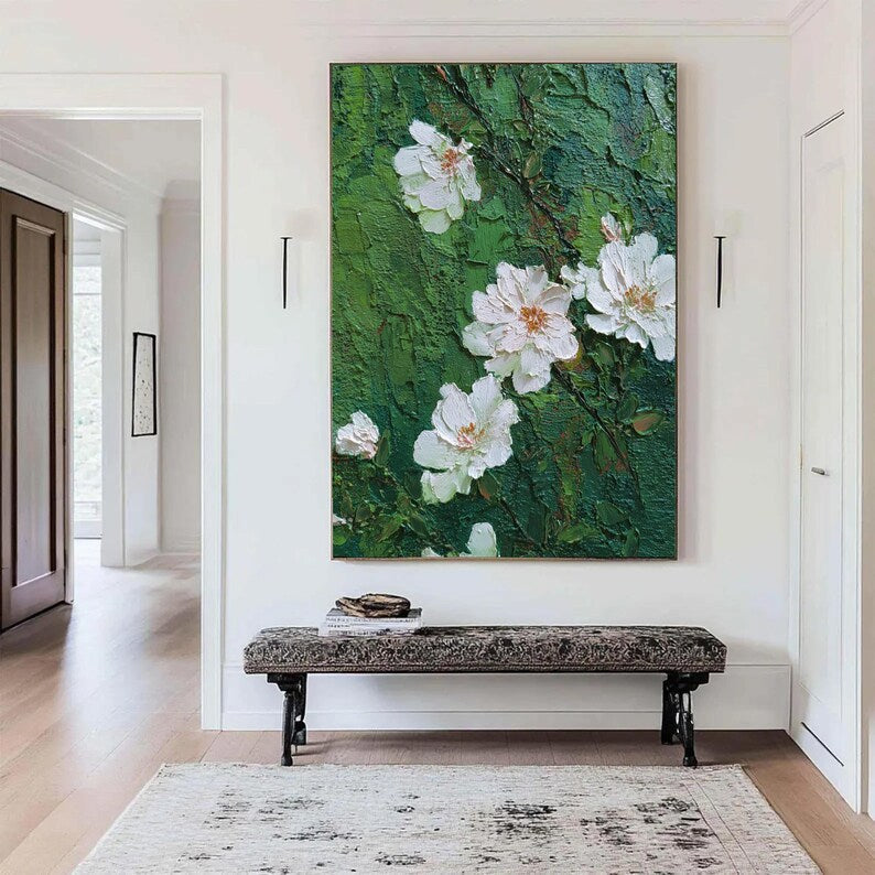 White Blossoms: A Green Textured Wall Art for Living Room Decor
