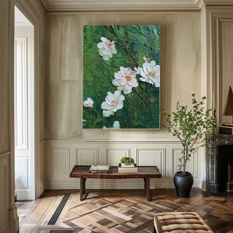 White Blossoms: A Green Textured Wall Art for Living Room Decor