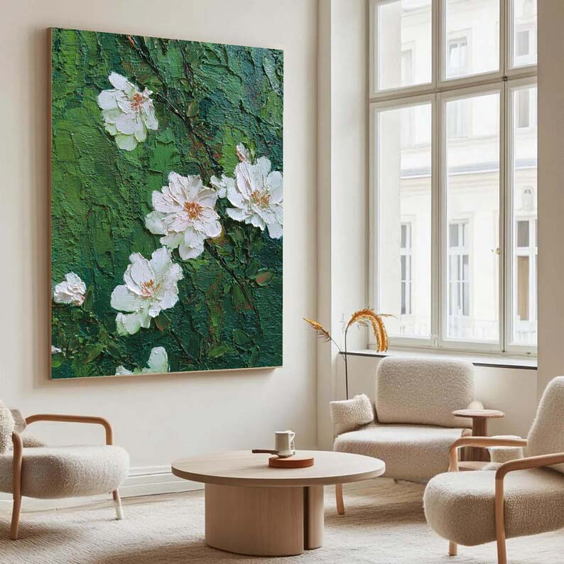 White Blossoms: A Green Textured Wall Art for Living Room Decor