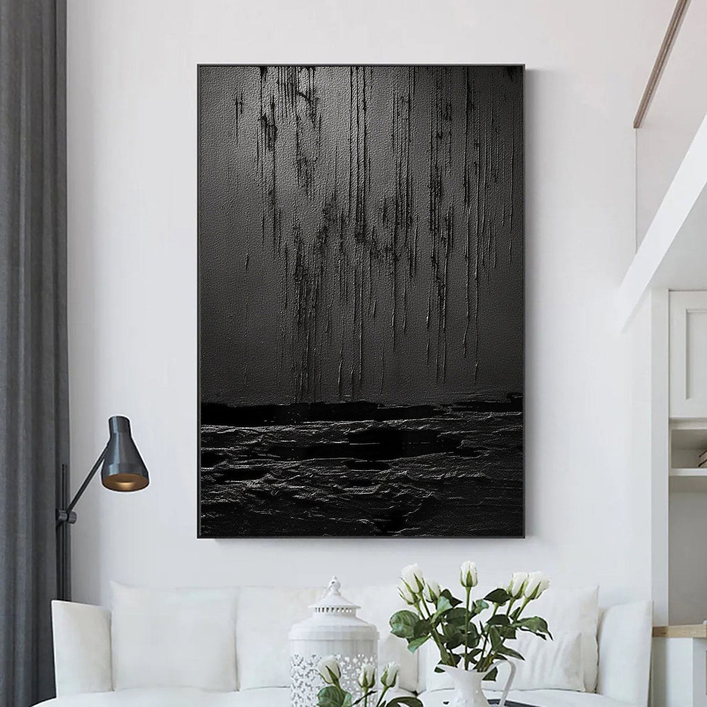 Nocturne Terrain: A Bold Textured Black Abstract Wall Art for Modern Interiors