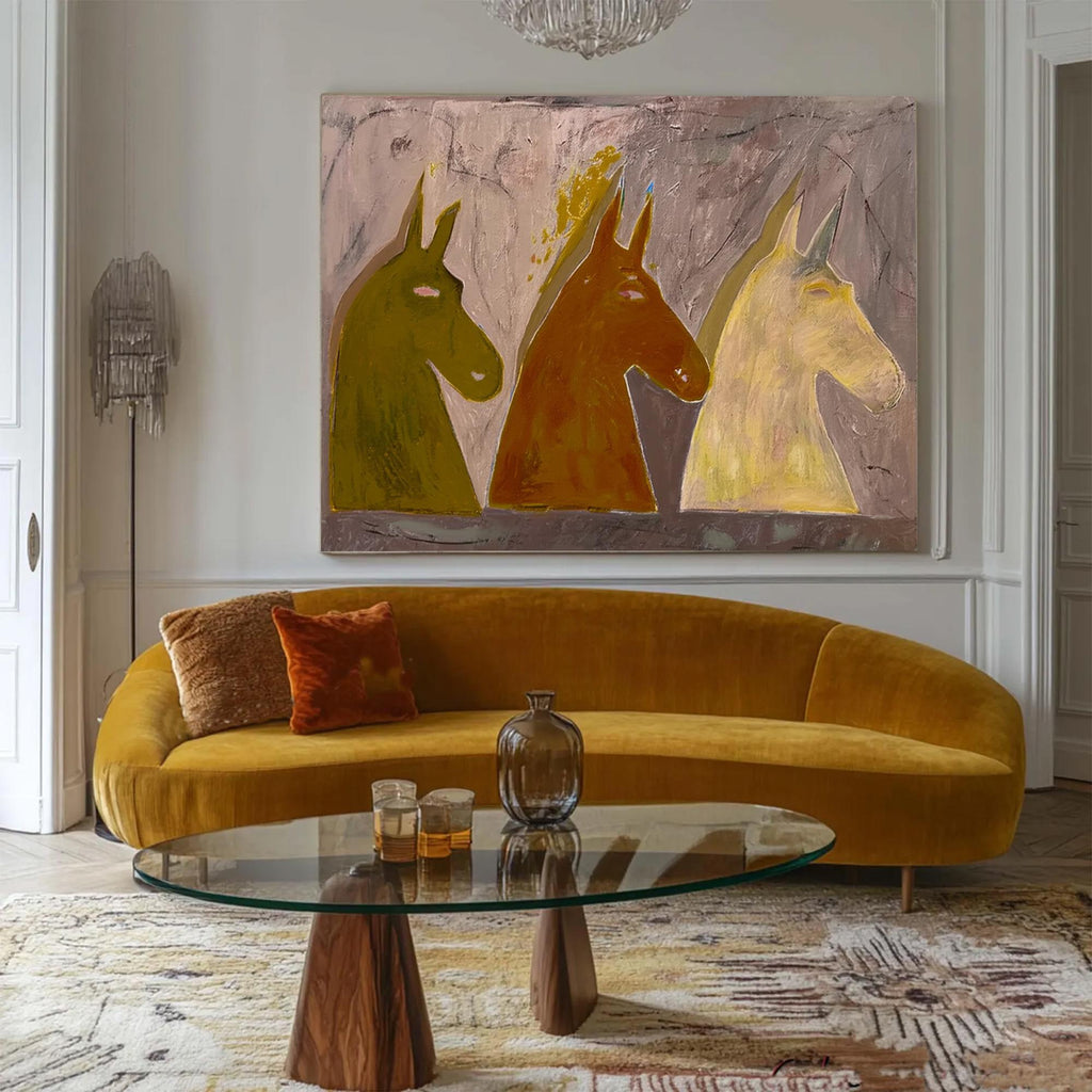 Trio Earth-Tone Horses Abstract Painting