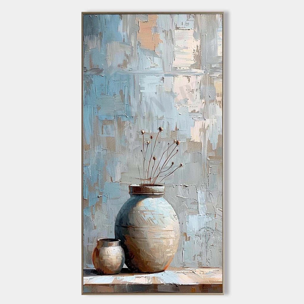 Wabi Sabi Blue Vase Still Life Wall Art, Textured Neutral Canvas Painting for Living Room