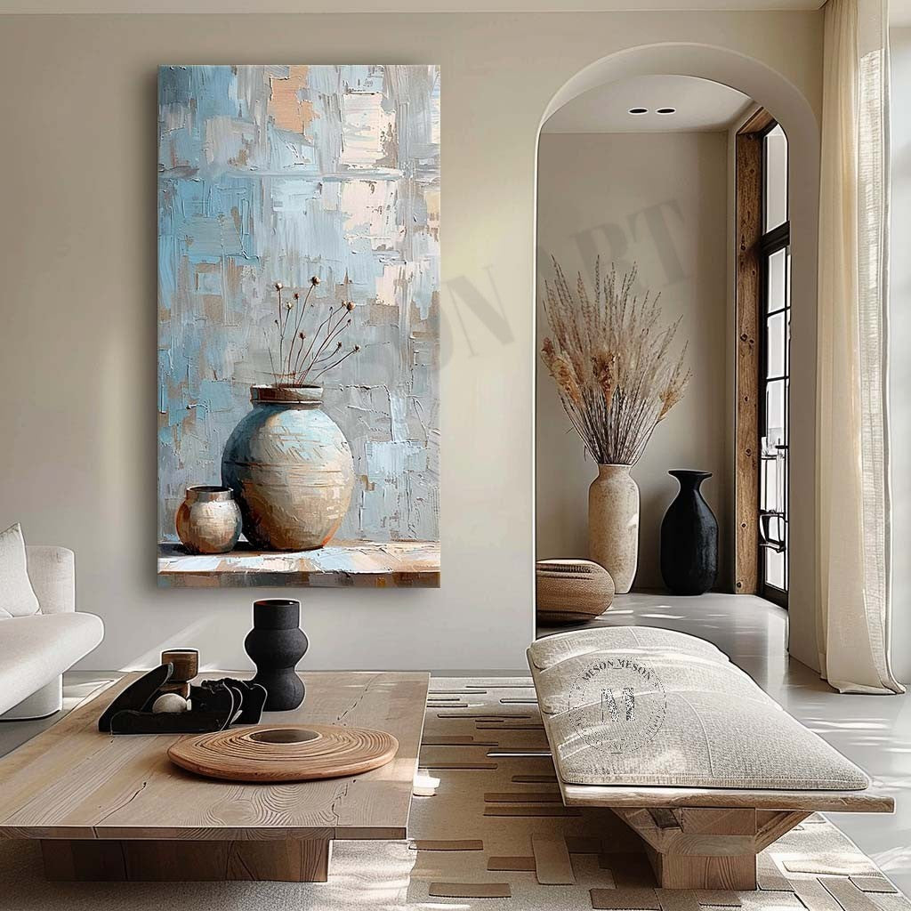 Wabi Sabi Blue Vase Still Life Wall Art, Textured Neutral Canvas Painting for Living Room