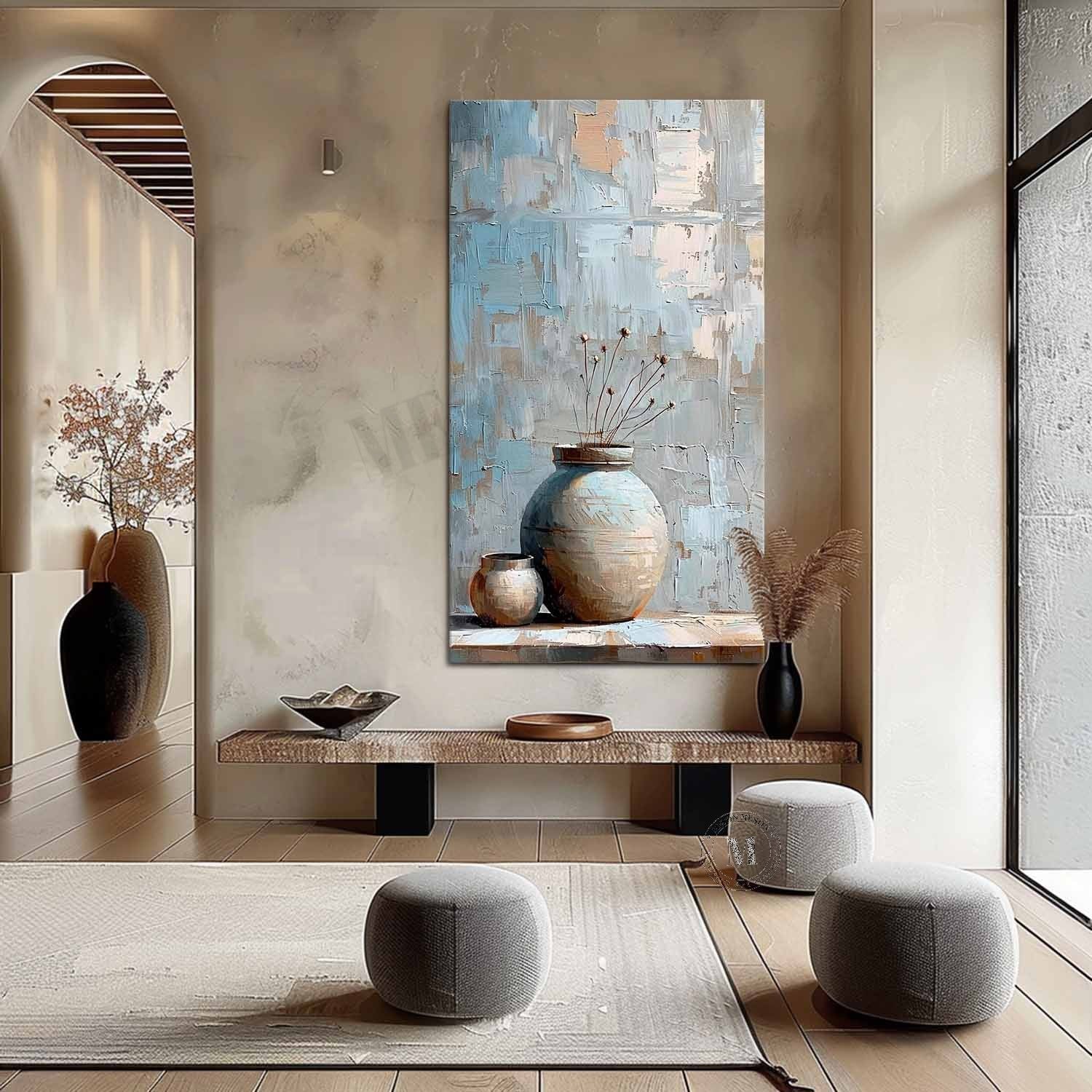 Wabi Sabi Blue Vase Still Life Wall Art, Textured Neutral Canvas Painting for Living Room