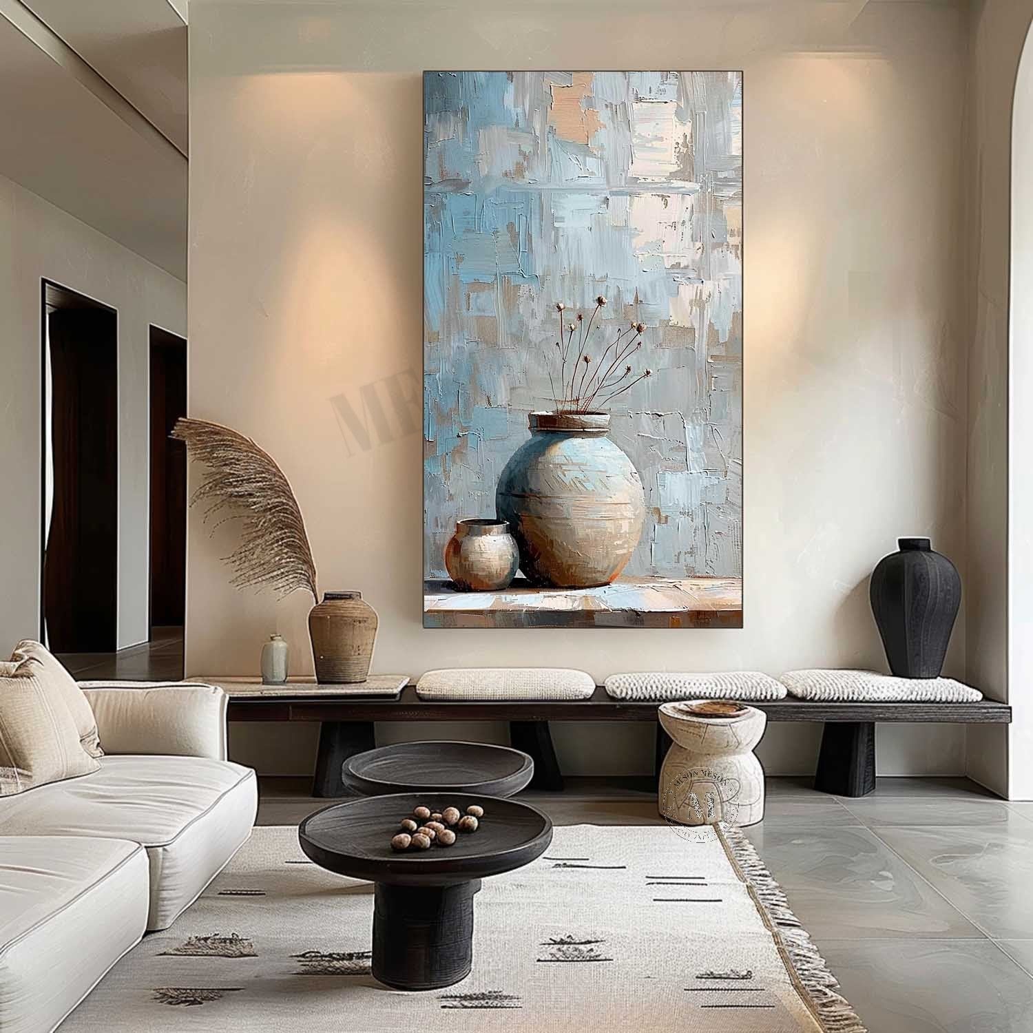 Wabi Sabi Blue Vase Still Life Wall Art, Textured Neutral Canvas Painting for Living Room