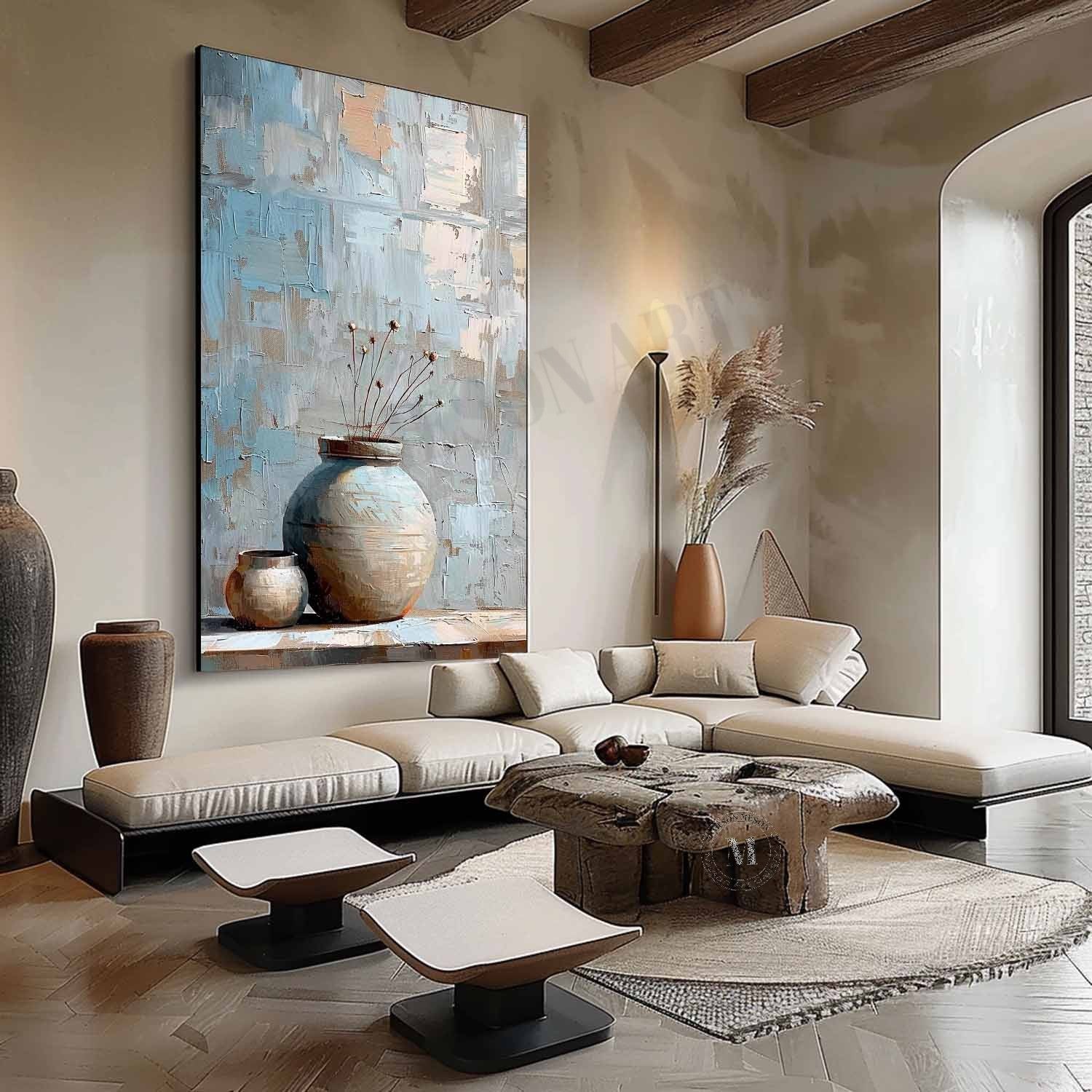 Wabi Sabi Blue Vase Still Life Wall Art, Textured Neutral Canvas Painting for Living Room