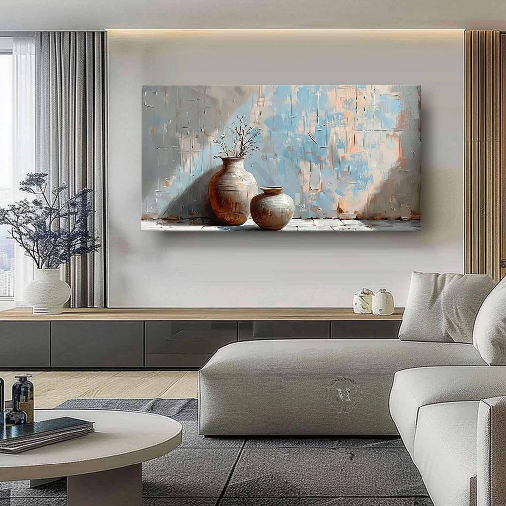 Wabi Sabi Blue Pottery Still Life Wall Art, Textured Neutral Canvas for Living Room Decor