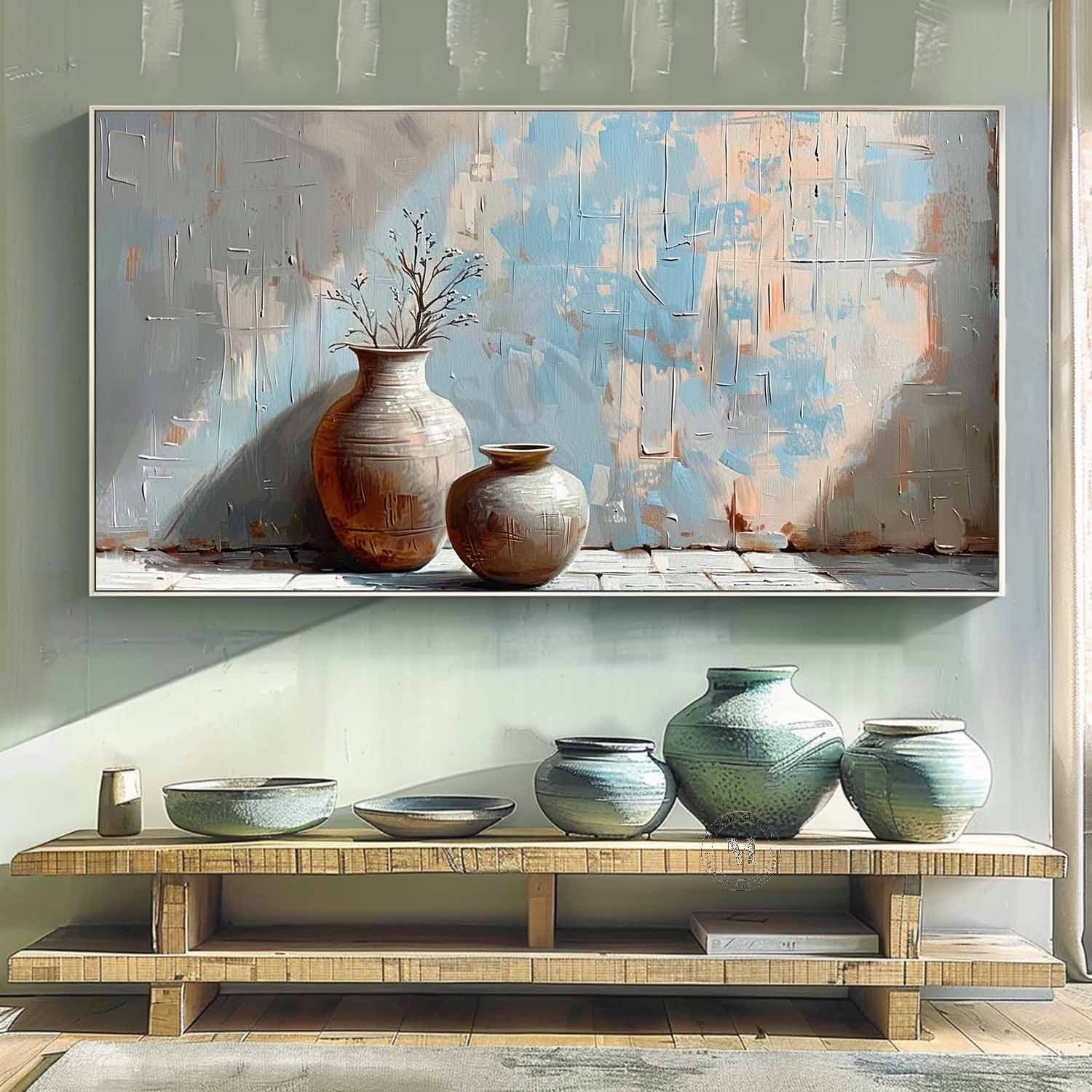Wabi Sabi Blue Pottery Still Life Wall Art, Textured Neutral Canvas for Living Room Decor