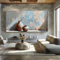 Wabi Sabi Blue Pottery Still Life Wall Art, Textured Neutral Canvas for Living Room Decor