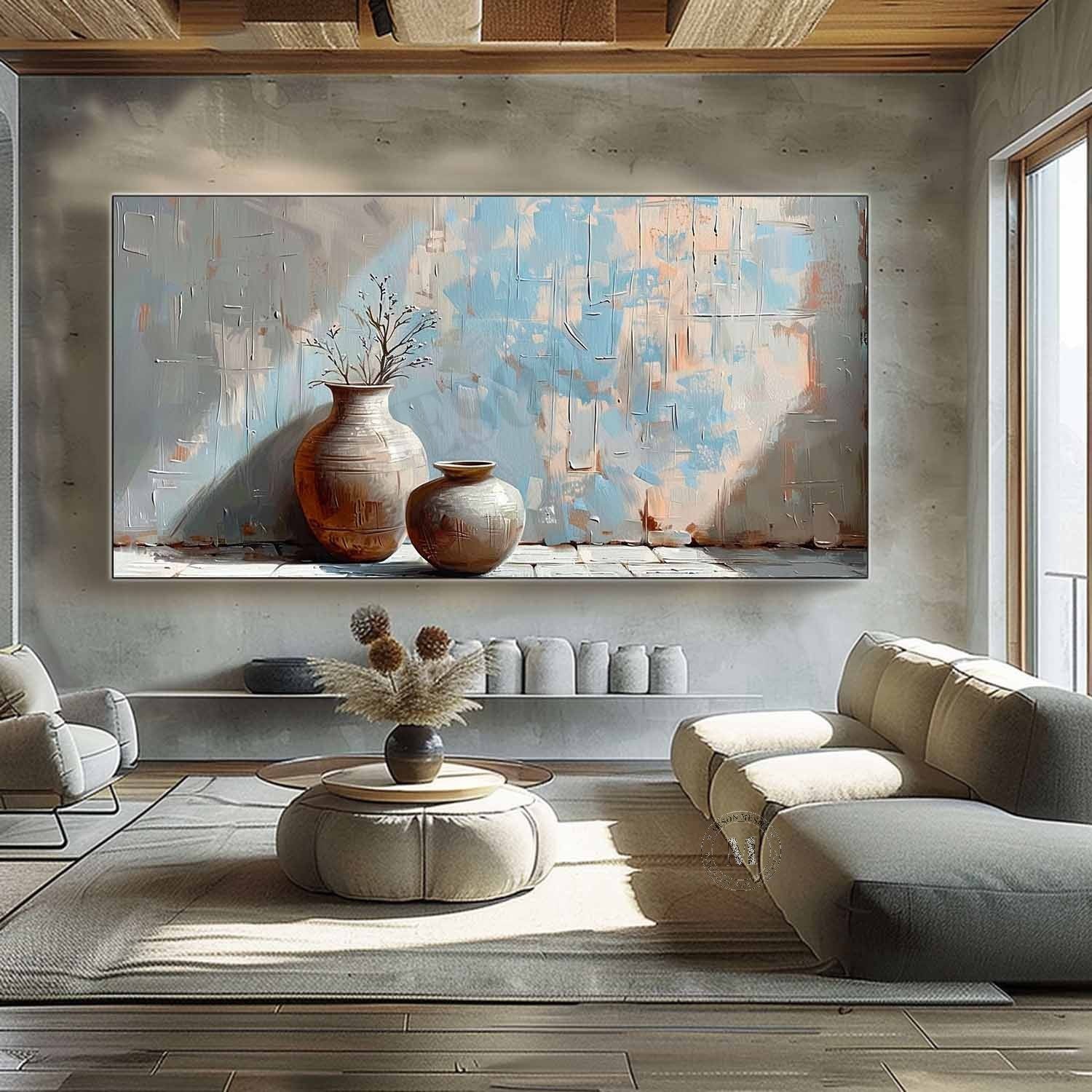 Wabi Sabi Blue Pottery Still Life Wall Art, Textured Neutral Canvas for Living Room Decor