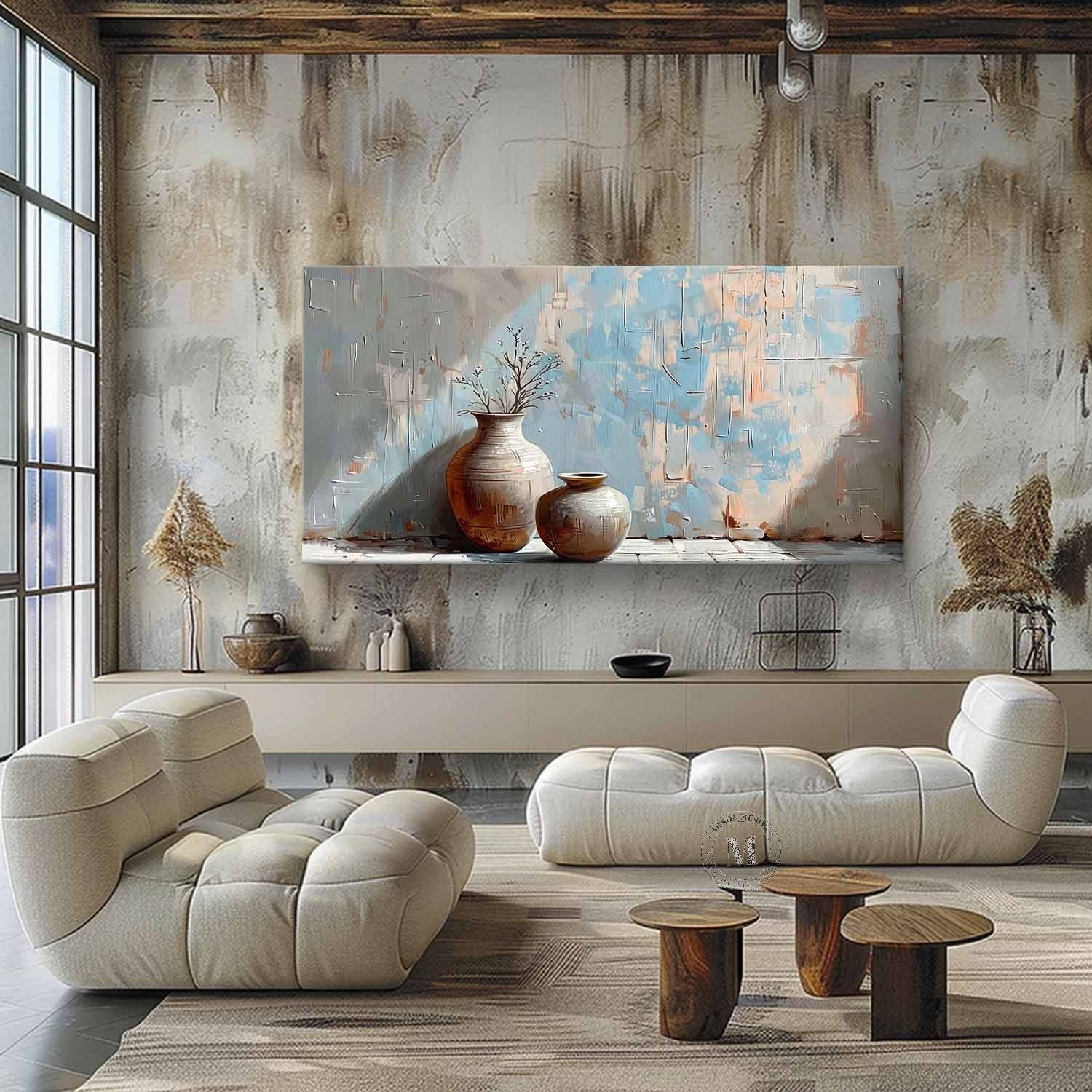 Wabi Sabi Blue Pottery Still Life Wall Art, Textured Neutral Canvas for Living Room Decor