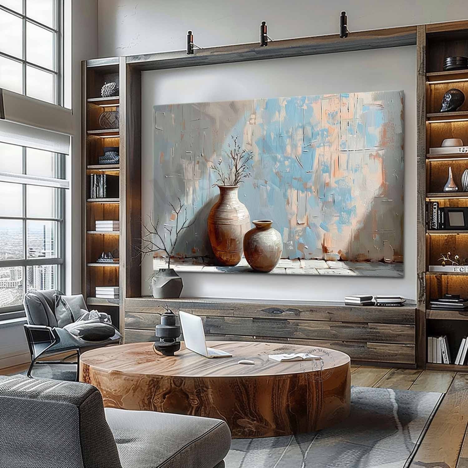 Wabi Sabi Blue Pottery Still Life Wall Art, Textured Neutral Canvas for Living Room Decor