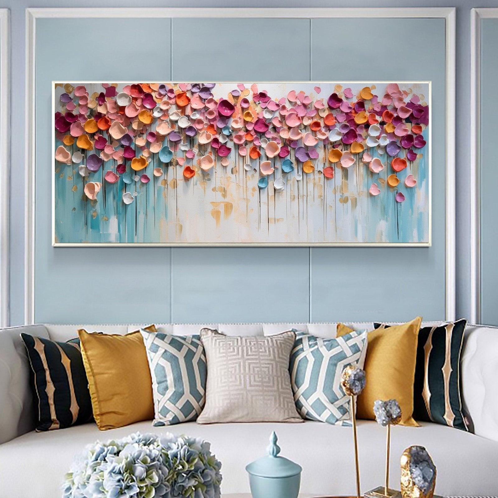 Petal Cascade: A Textured Abstract Floral Paintings for Living Room