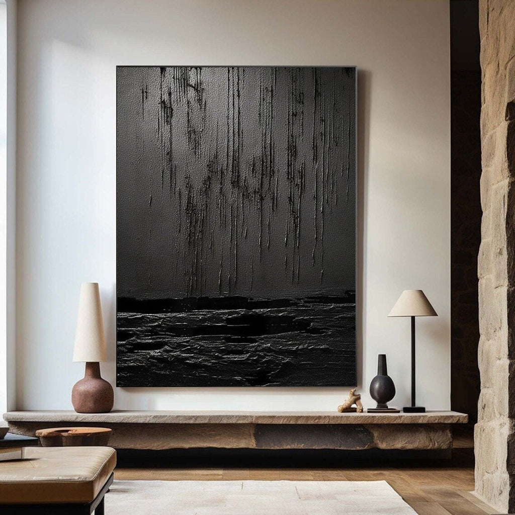 Nocturne Terrain: A Bold Textured Black Abstract Wall Art for Modern Interiors