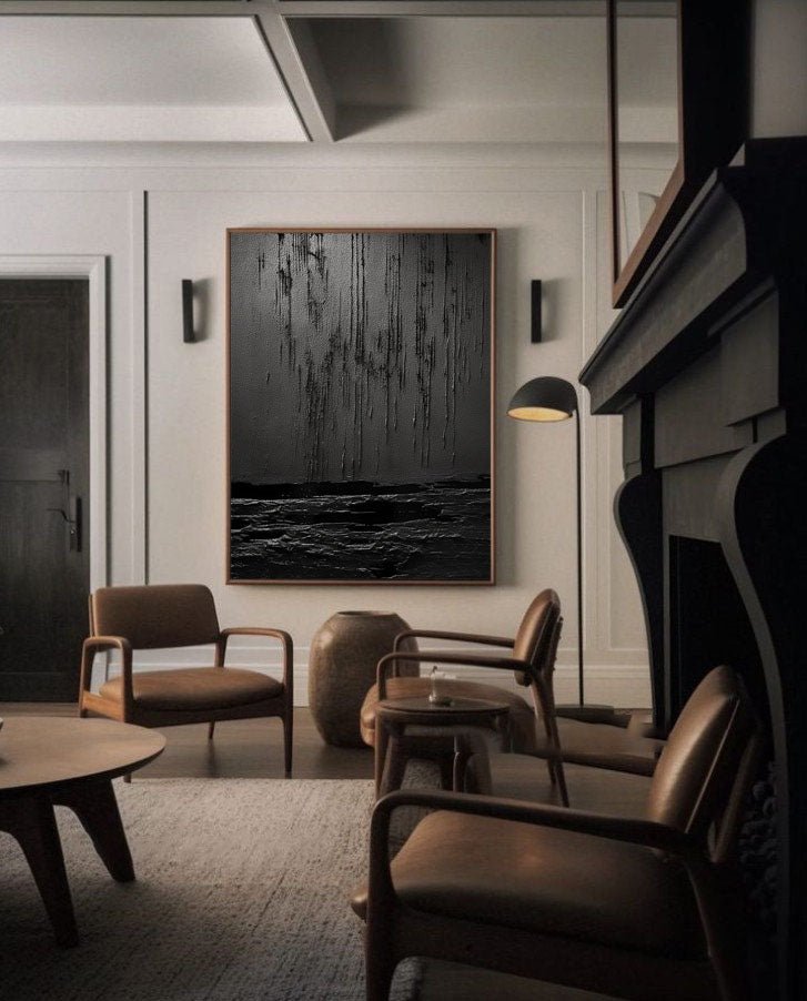 Nocturne Terrain: A Bold Textured Black Abstract Wall Art for Modern Interiors