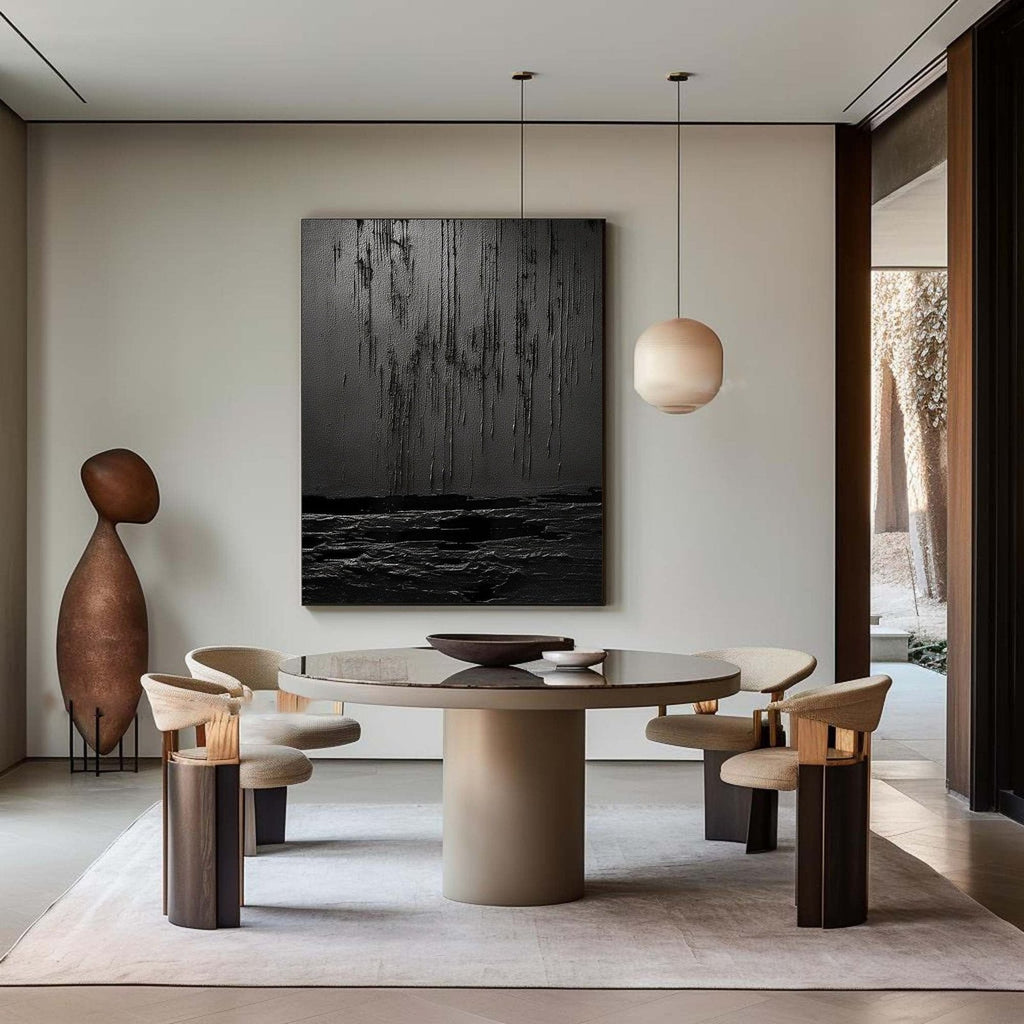 Nocturne Terrain: A Bold Textured Black Abstract Wall Art for Modern Interiors